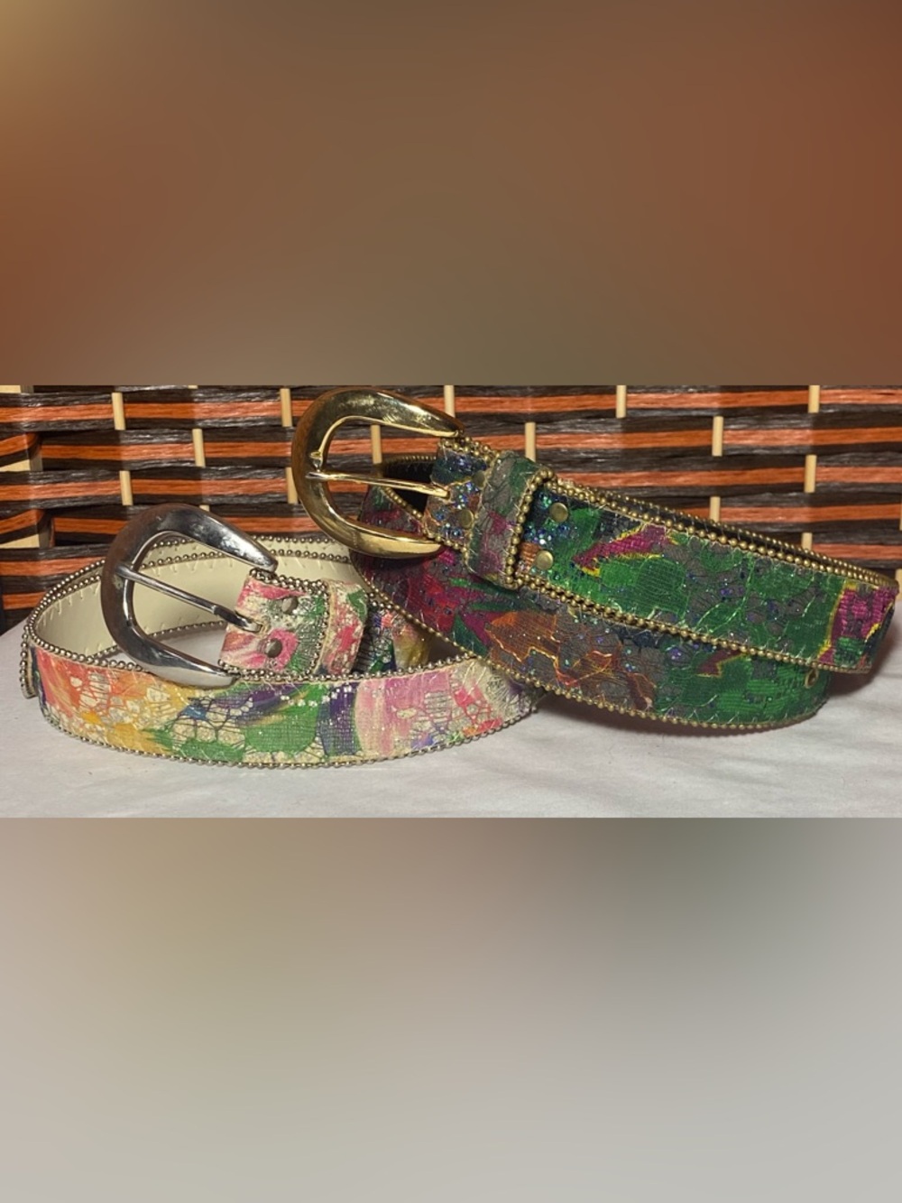 Vintage Elite Fresno California Boho Glitter Lace Belt Medium 36” 2 belt bundle